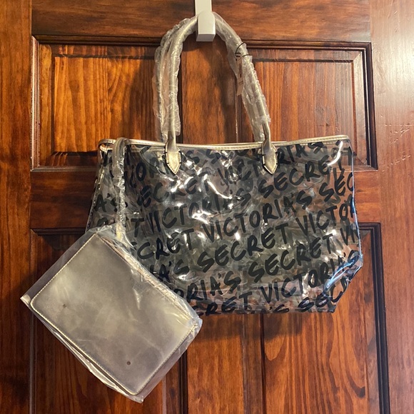 NWT Victoria’s Secret Clear Plastic Graffiti Tote + Metallic Rose Gold Wrislet - Picture 3 of 12